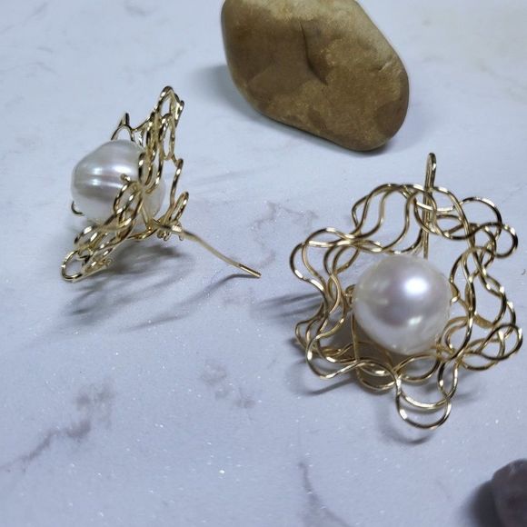 Gold filled handmade earrings big pearls - Picture 2 of 4